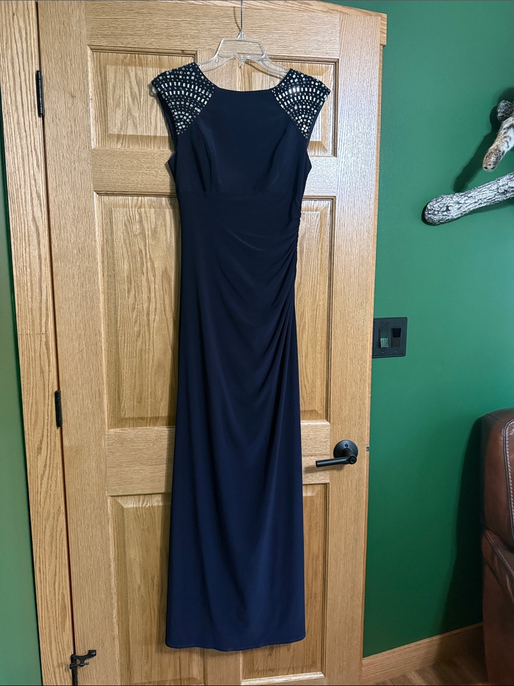 Xscape Navy Evening Gown with Beaded Cap Sleeves